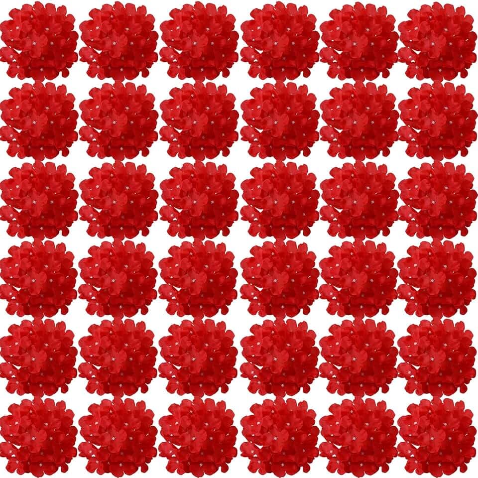 FagusHome 35 Stück künstliche Hortensien Blume Köpfe Künstliche Blumen Köpfe mit Stielen Gefälschte Blumen Durchmesser 18CM für Deko (Rot)