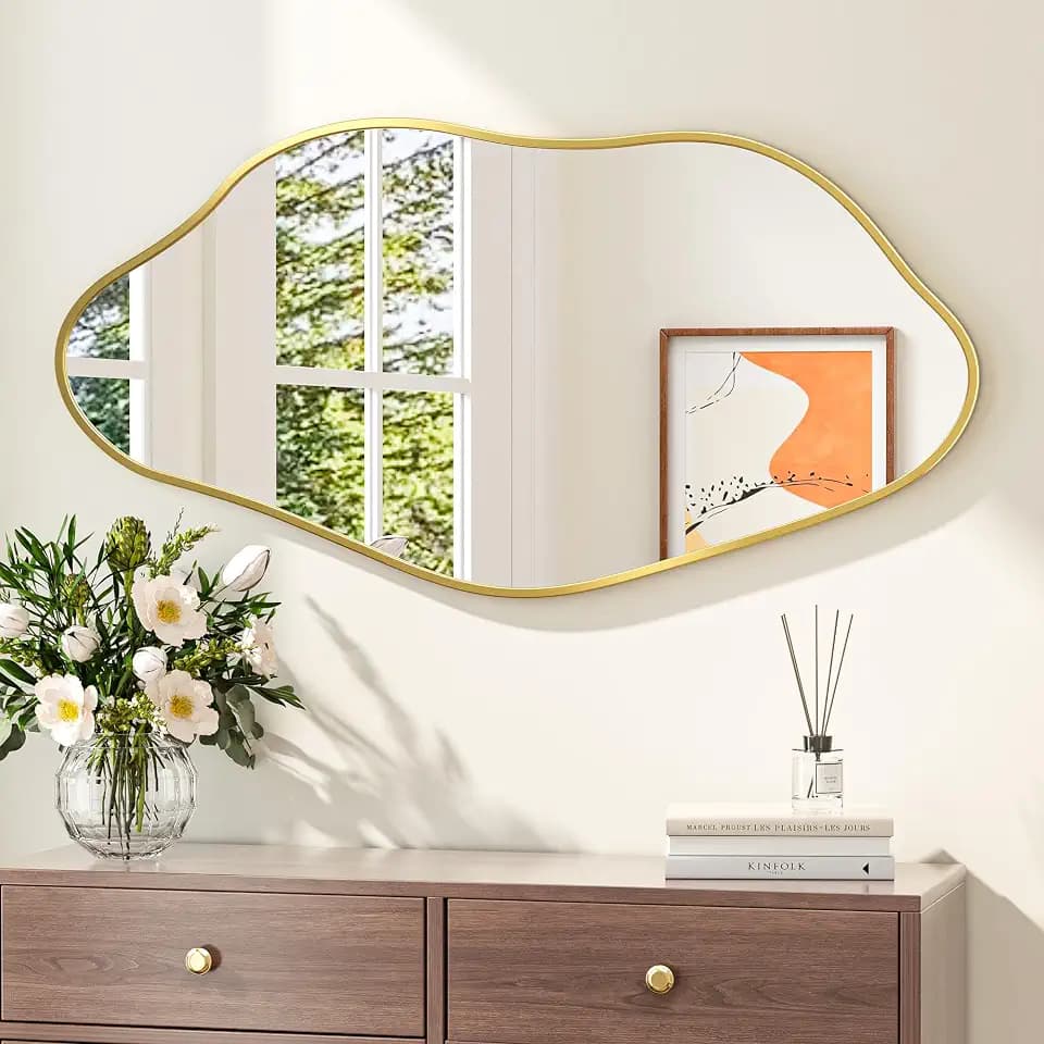 Keonjinn 48x24 Inch Gold Irregular Mirrors for Wall, HD Tempered Glass