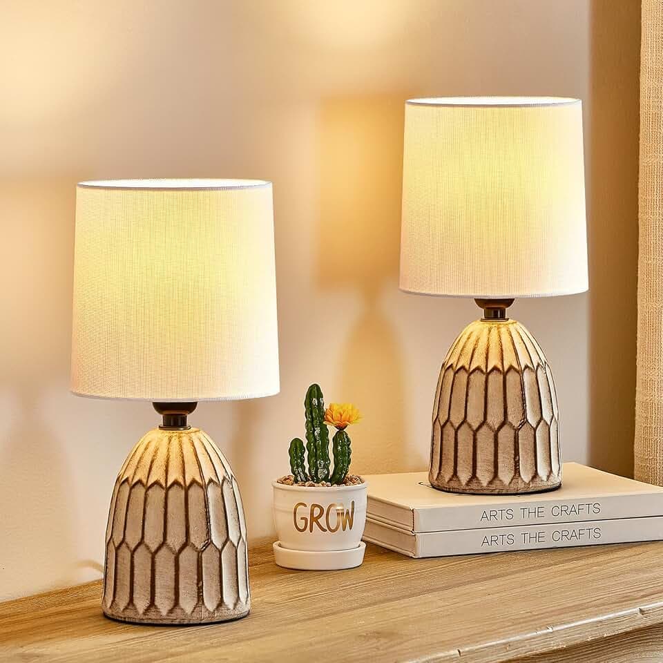 GyroVu Nachttischlampe 2er Set Keramik, Boho Tischlampe, E27 Fassung