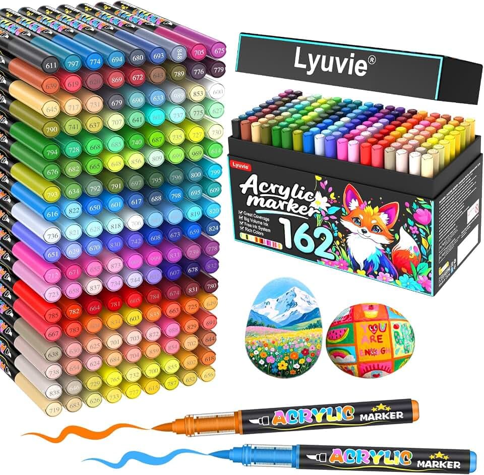 Lyuvie 162 Farben Acrylstifte für Steine WasserfestSet, Permanente Acrylic Paint Brush Marker Acrylstifte für Holz, Stein, Papier,Glas,Stoff, Kieselsteine, Kunststoff, Bastelbedarf