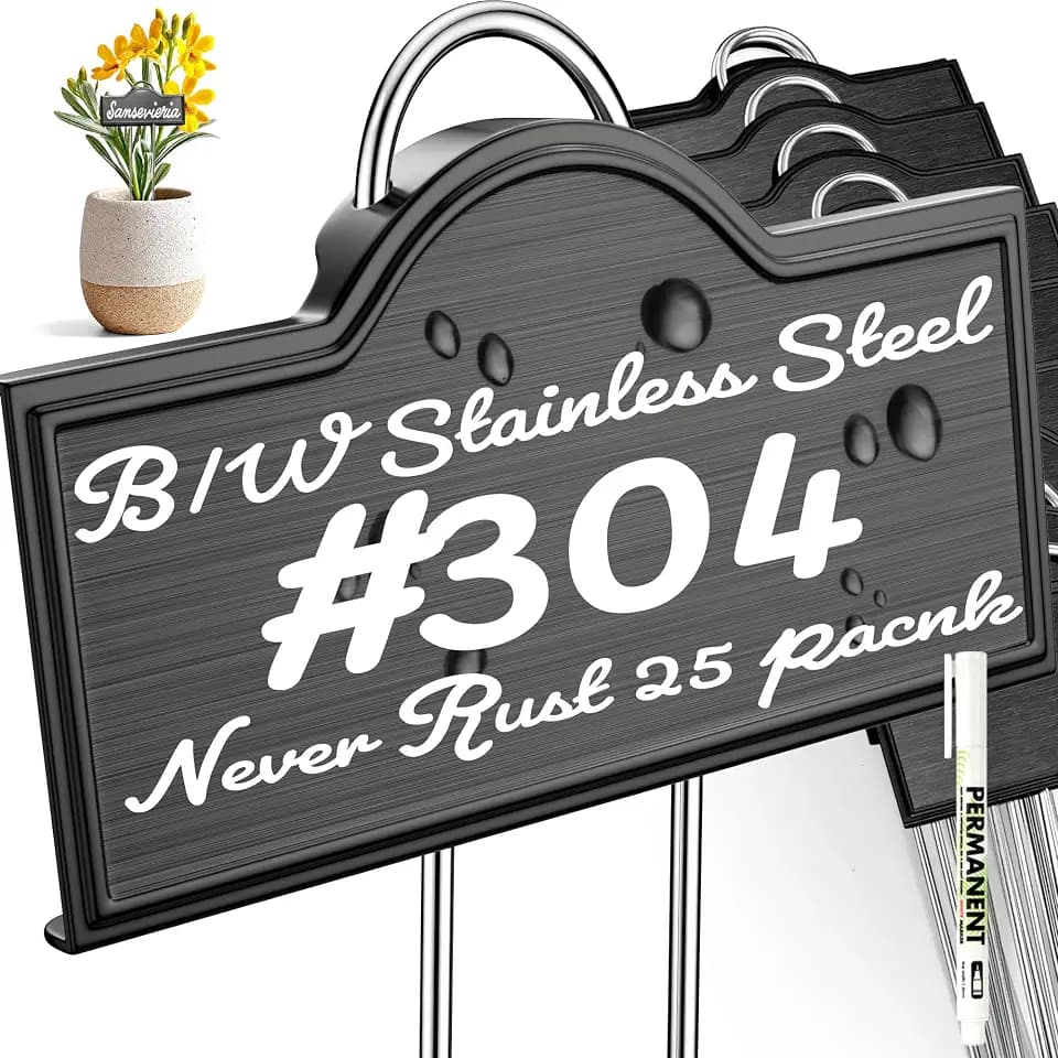 Metal Plant Labels Stainless Steel 304, Weatherproof Garden Label Tall Markers 25 Pack for Outdoor Plants Vegetables Herb Seedlings Flowers with a Pen, Label Area 3.74'' x 1.39'' Height 10.75 Inch