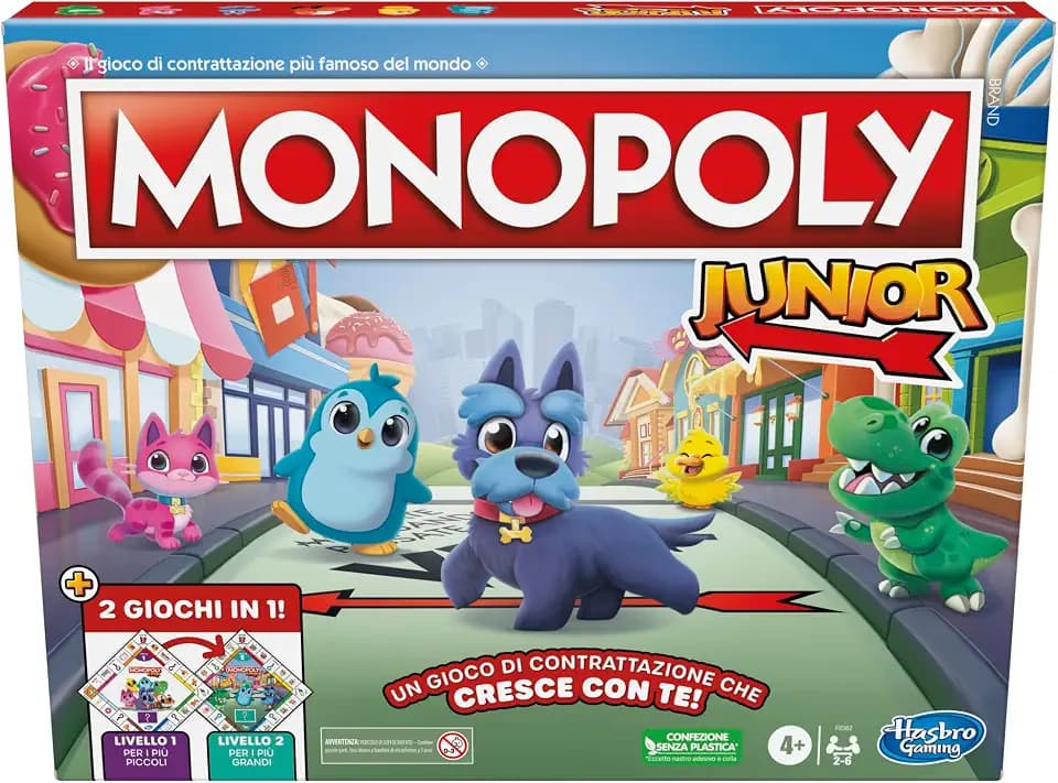 Hasbro Gaming Monopoly Junior, 2 Spiele in 1, Brettspiel mit Vorder- und Rückseite für 2-6 Spieler, Spiel für Kinder und Mädchen ab 4 Jahren