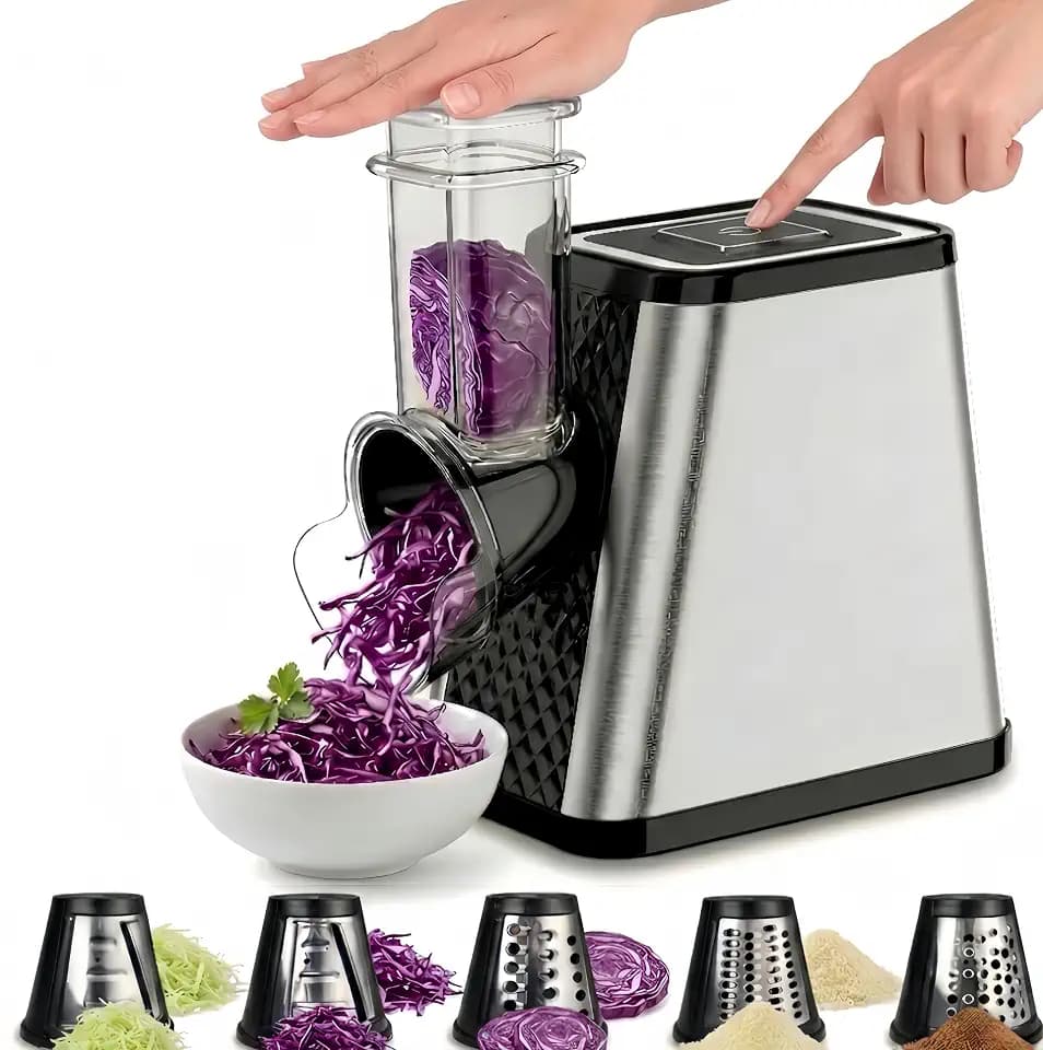 Elektrischer Gemüsehobel 500W, 5-in-1 Multifunktionaler Gemüseschneider mit 5 austauschbaren Klingen, Edelstahl Käseraspel für Kartoffeln, Karotten, Obst und Käse