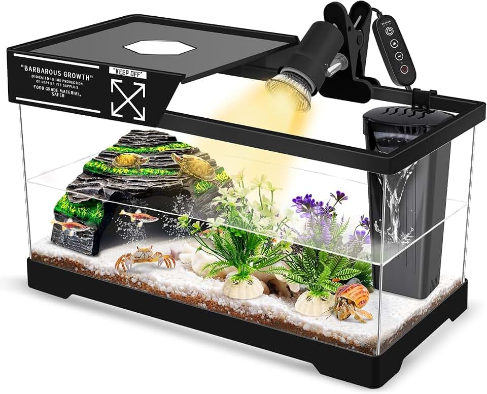 GOZILLA Turtle Tank, Upgrade PC Turtle Tank Starter Kit, Resin Hideout Habitat, Basking Platform, Bottom Drainage for Turtles, Crabs, Shrimps and Other Small Reptiles. (15.75x7.9x9''/Black)