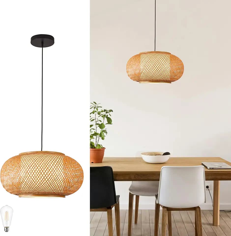 Rustic Bamboo Pendant Light, Basket Weave Hanging Light 15.7-inch