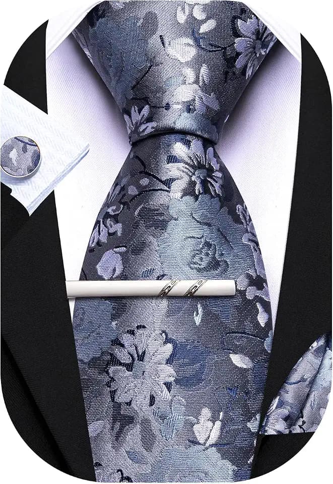 Barry.Wang Herren-Krawatten-Set, florale Krawatte, Einstecktuch, Manschettenknöpfe, Clip, klassische Herren-Seidenkrawatten, 4-teiliges Set für Hochzeit, Party, Business
