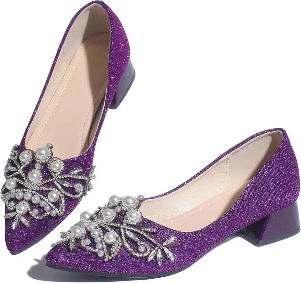 Women's Rhinestone Fashion Pointed Toe Pearl Diamond Low Heel Dress Wedding Work Business Dance Pumps