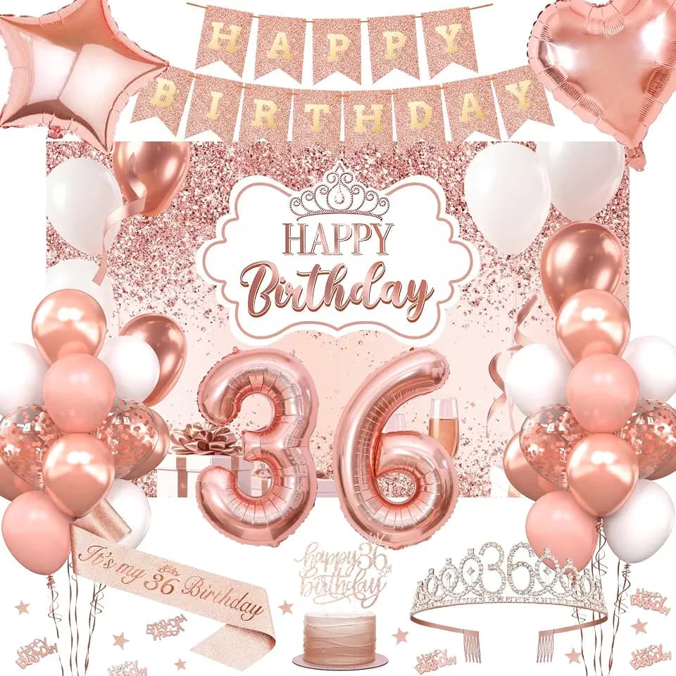 36th Birthday Decorations for Women, 52pcs Sweet Rose Gold Happy 36 Birthday Decorations Including 36th Rose Gold Crown, Sash, Banner, Background for 36 Party Decorations Set