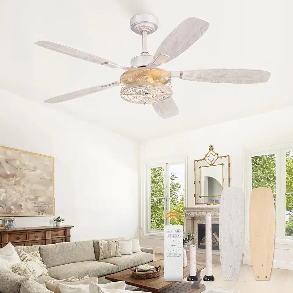 Farmhouse 52Inch Ceiling Fan with Light and Remote, White and Gold