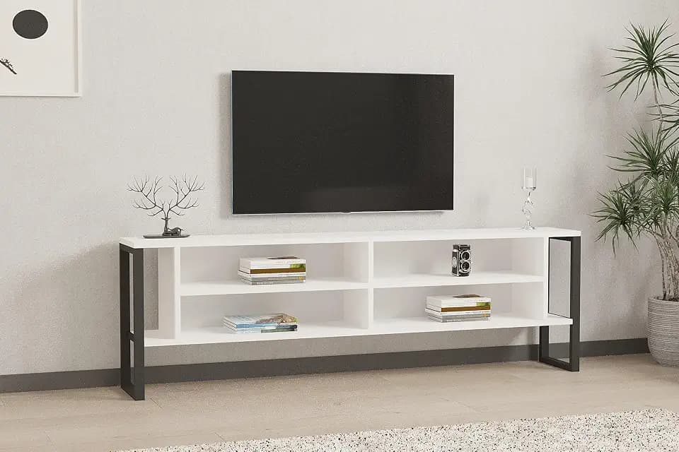 Hanah Home Modern White TV Stand, 160 cm, 100% Melamine Coated Particle Board, 18 mm Thick | Multiple Shelves & Extra Storage | Stylish & Functional Design