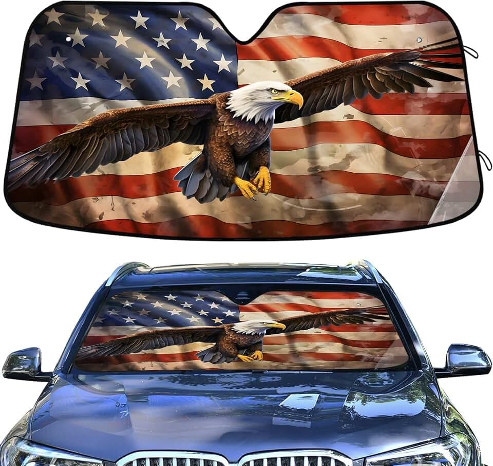 Eagle Flag 4th of July Car Windshield Sun Shade American Independence Day for Small Car SUV Front Window