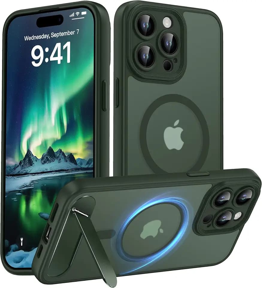 Magnetic Compatible with iPhone 15 Pro Max Case, [Built-in Kickstand][Full Camera Protection][Compatible with MagSafe][Anti-Fingerprint] Shockproof Phone Case for iPhone 15 Pro Max 6.7",Green