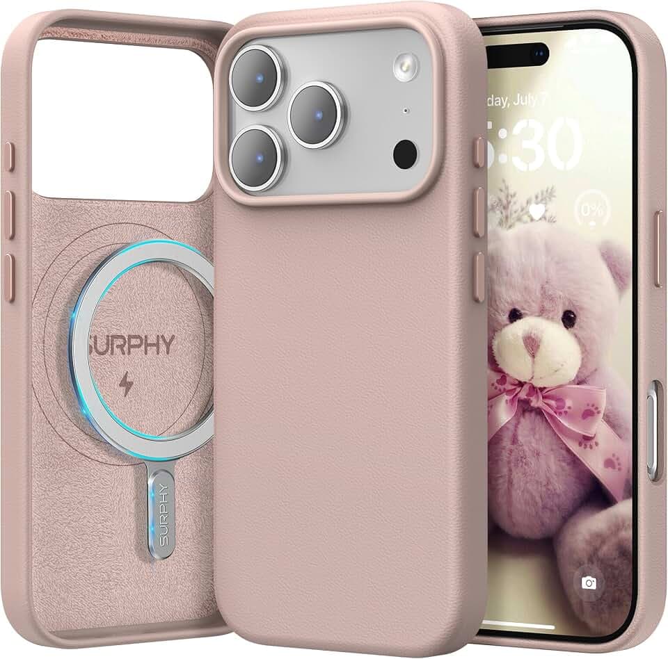 SURPHY Case for iPhone 17 Pro Case (6.3 inch 2025), Compatible with MagSafe, Faux Leather 17 Pro Phone Cases with Soft Microfiber Lining, Pink Sand