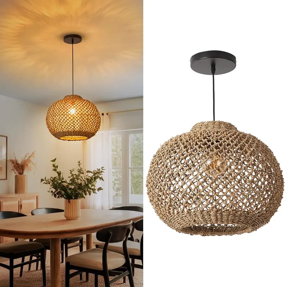 Arturesthome Rattan Woven Pendant Lights Shades, Hand-Woven Boho Chandelier Lighting, Handmade Hanging Lamp Crafts Lampshade for Dining Room W 16.5"