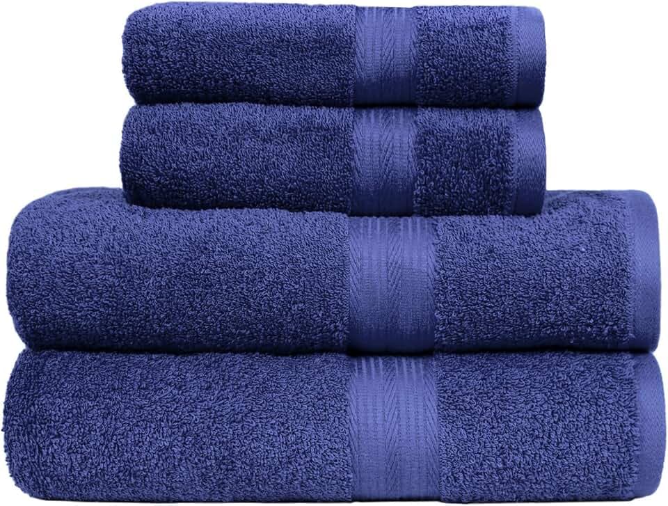 Amazon Basics Handtücher-Set, 100% Baumwolle, Farbecht, Saugfähig, 2 Badetücher, 2 Handtücher, 4-teilig, Königsblau
