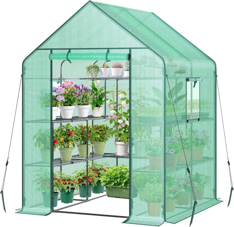 Greenhouse for Outdoors with Screen Windows, Ohuhu Upgraded 4 Tiers 11 Shelves Walk-in Greenhouses with Durable PE Cover, Outside Garden Plastic Green House with Ground Pegs & Ropes for Stability