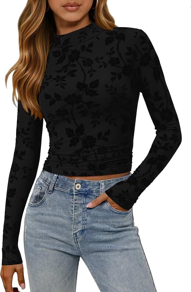 MASCOMODA Mesh Long Sleeve Tops for Women 2025 Trendy Mock Neck Crop Going Out Fitted Floral Shirts Fall Fashion Clothing