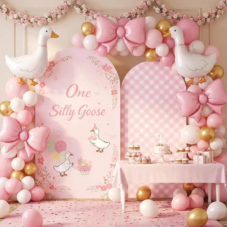 Boao 2 Pack Pink One Silly Goose Arch Backdrop Cover, 7.2FT 6FT Spandex