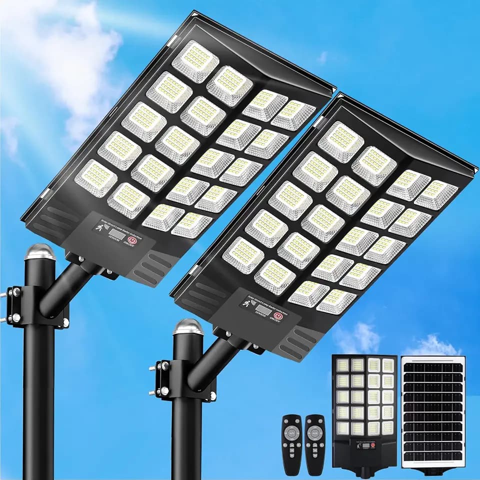 2 Pack Solar Street Lights Outdoor Waterproof, 100000LM Solar Powered Parking Lot Lights Large Street Light Dusk to Dawn with Motion Sensor, LED Flood Light Wide Angle Lamp for Patio and Parkling Lot
