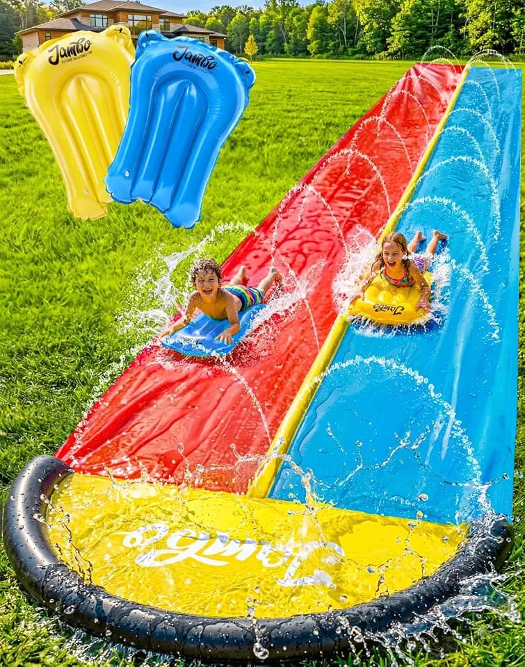 JAMBO 22ft Double Lane Slip Splash and Slide with 2 Bodyboards with Built in Sprinkler for Backyard Outdoor Water Fun for Kids
