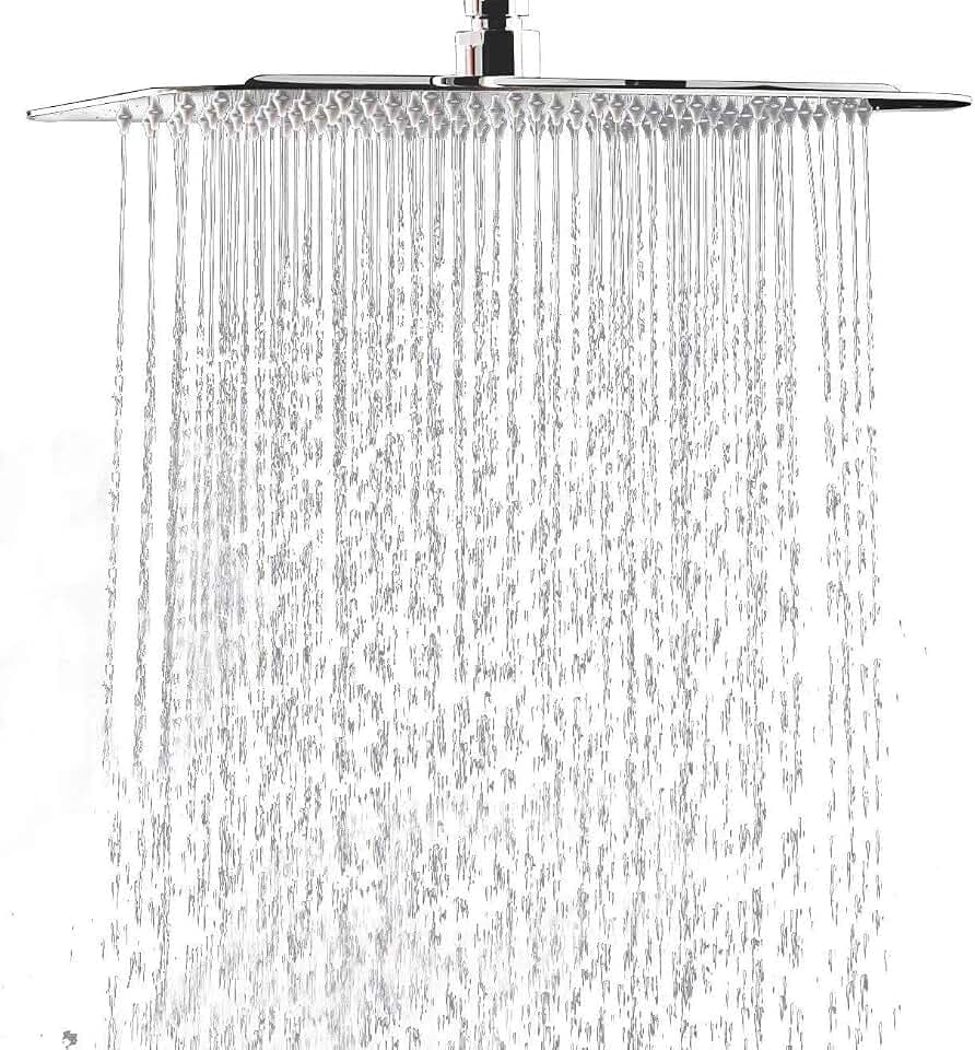 Shower Head, 16 Inch High Pressure Flow Rainfall Shower, Square Ultra Thin Waterfall Bath Showerhead with Silicone Nozzle and Adjustable Metal Swivel Ball Joint, Stainless Steel, Polished Finish