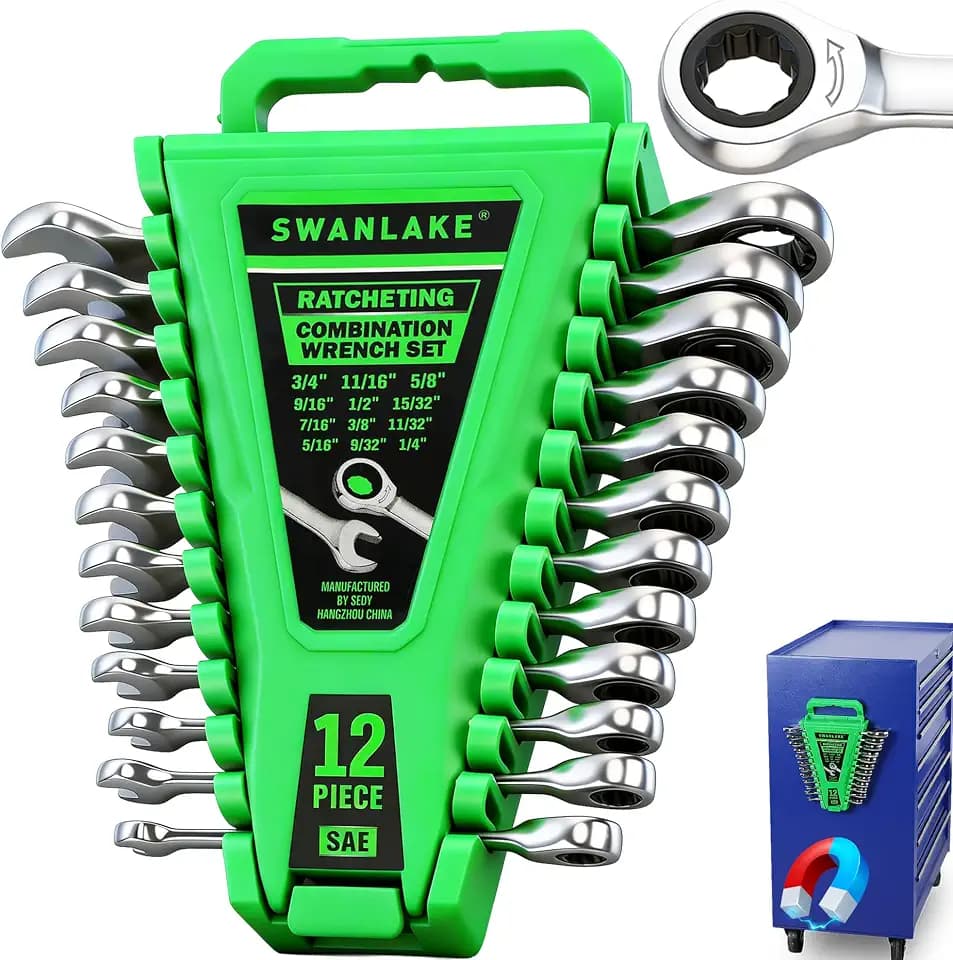 12-Piece Ratcheting Wrench Set, SAE 1/4 - 3/4 inch Ratchet Combination Wrenches Set, 12-Point 72-Tooth Ratchet Spanners with Magnetic Base Organizer, Chrome Vanadium Steel for Automotive Mechanic Tool
