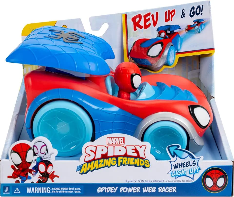 Jazwares Marvel Spidey and His Amazing Friends Power Web Racer - 8-Inch Vehicle with Rev Up Spoiler, Light Up Wheels, and Built-in-Character