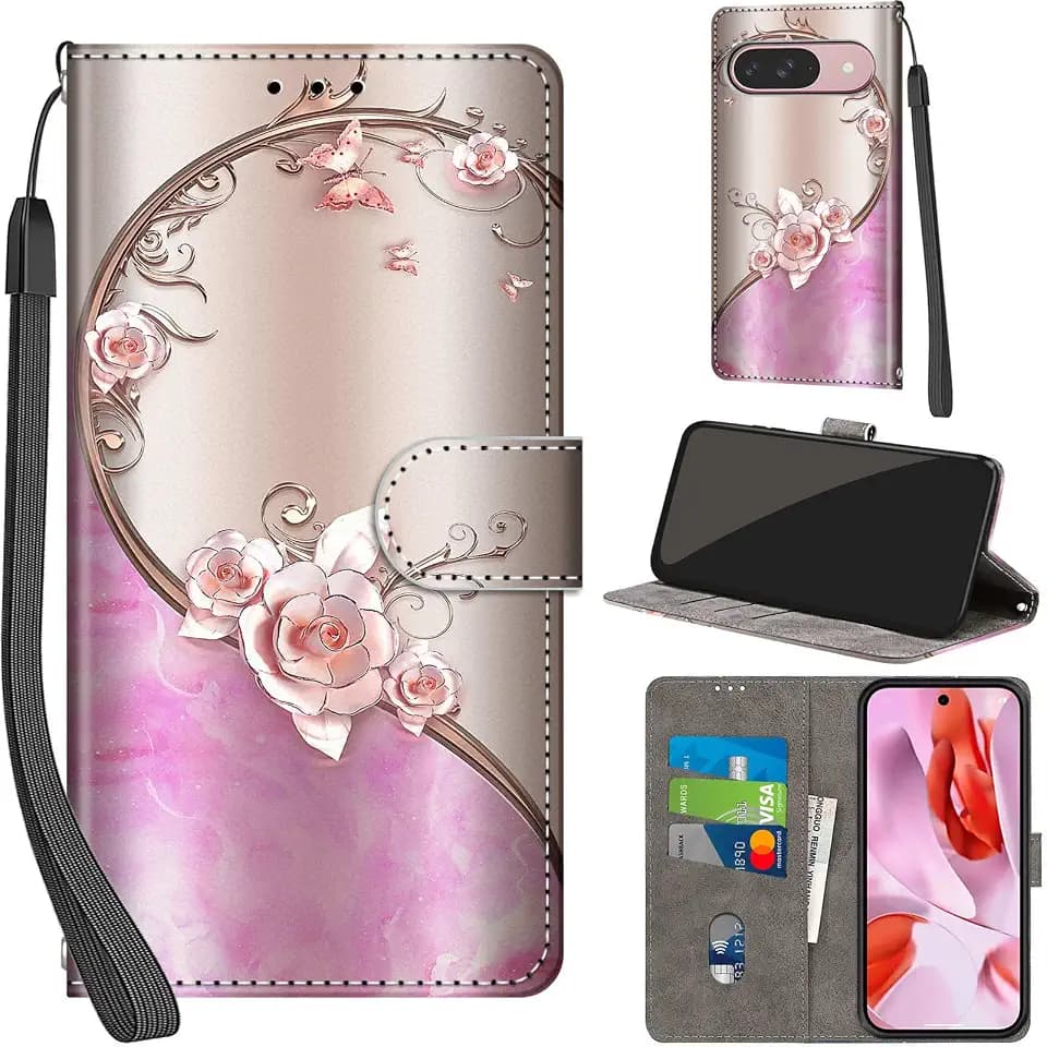 Case Wallet for Google Pixel 9/9 Pro, Pink Rose