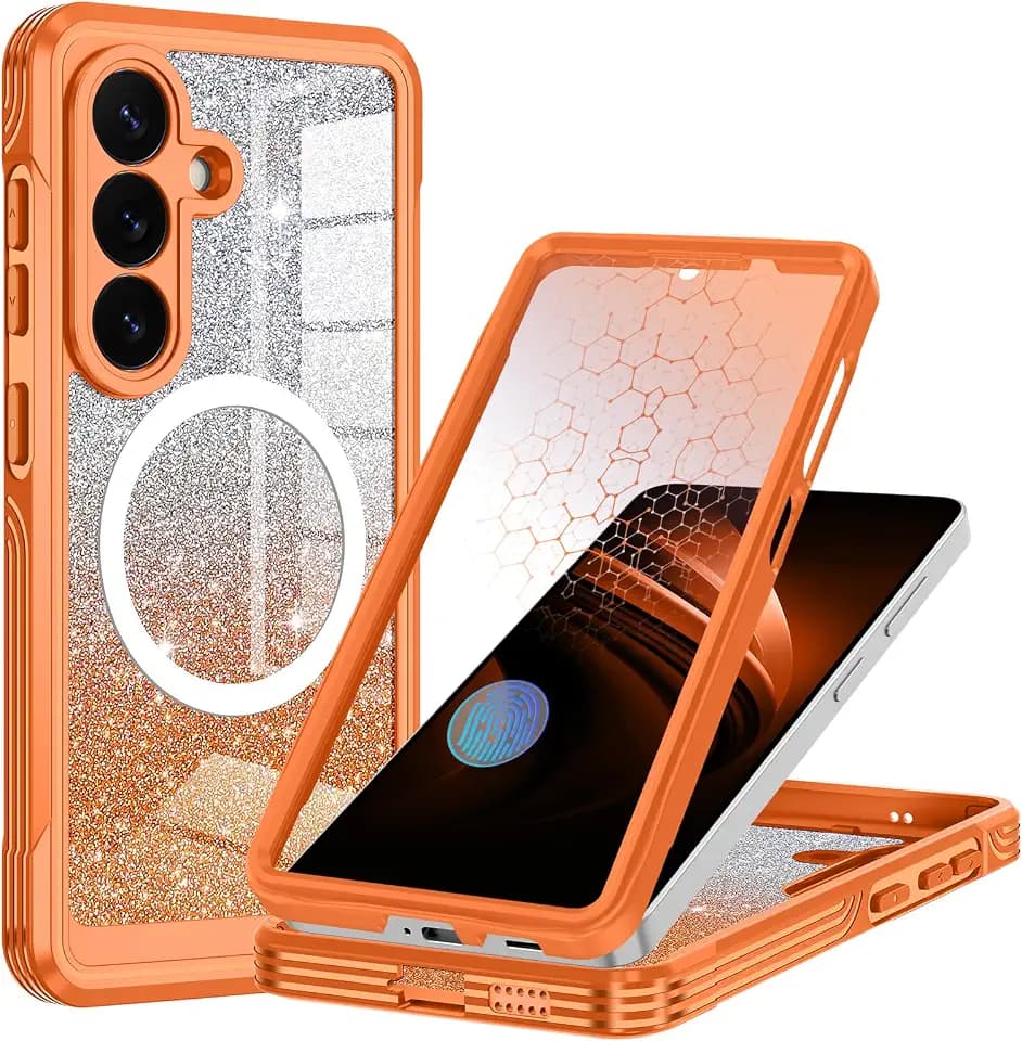 for Samsung Galaxy S26 Plus Case, Built-in Tempered Glass Screen Protector, Full Body Protection & Camera Lens Guard, Fit for MagSafe & Military Grade Shockproof, with Glitter Card, Orange