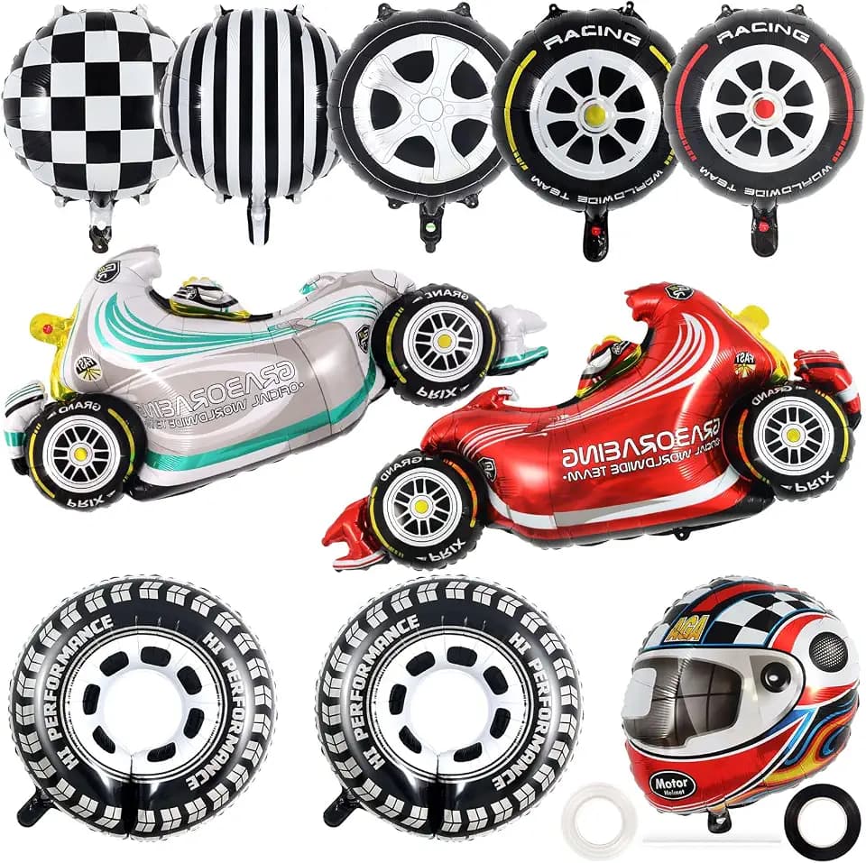10 PCS Race Car Balloons, Foil Helmet Checkered Balloons and Hot Wheel Tire Balloons, Race Car Party Supplies for Boy Two Fast Birthday Party Cars Theme Decorations