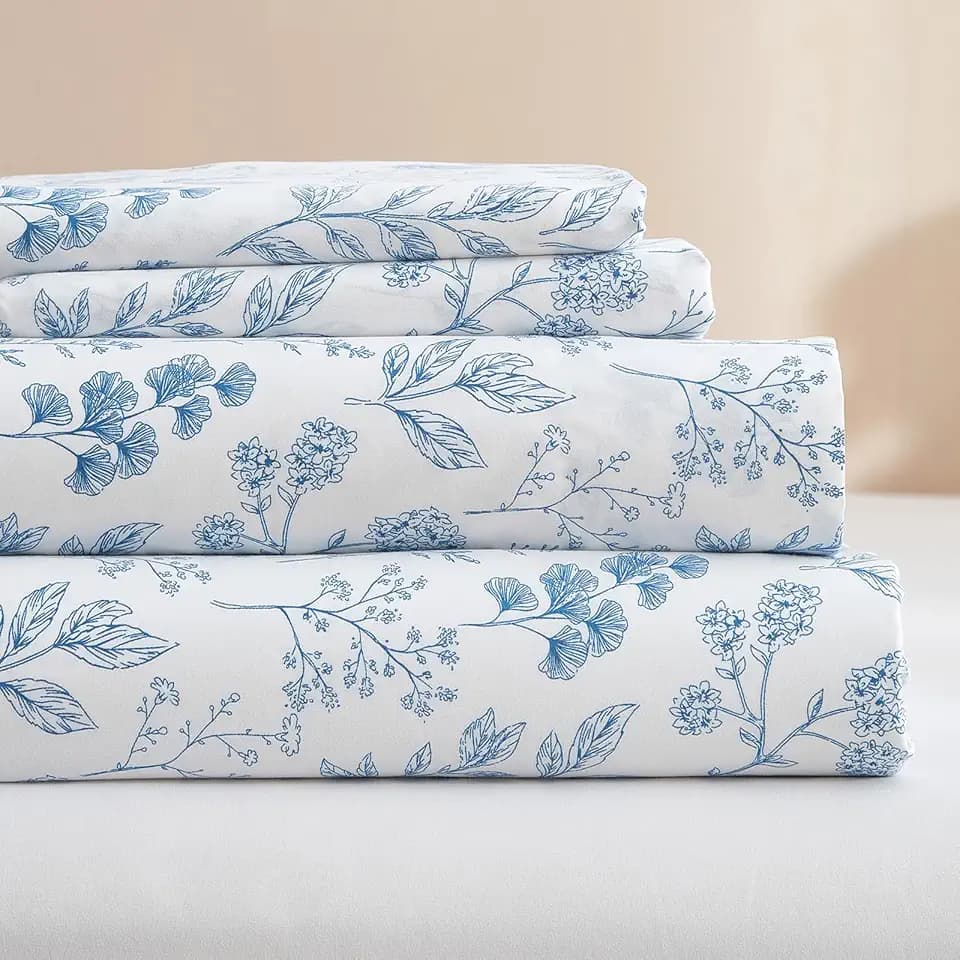 HighBuy Luxury Soft Queen Sheets Set White - Vintage Floral Sheet Set Cooling Bed Sheets Queen - 4 Piece Blue Floral Sheet Set - 16" Extra Deep Pocket,Breathable & Soft Sheets