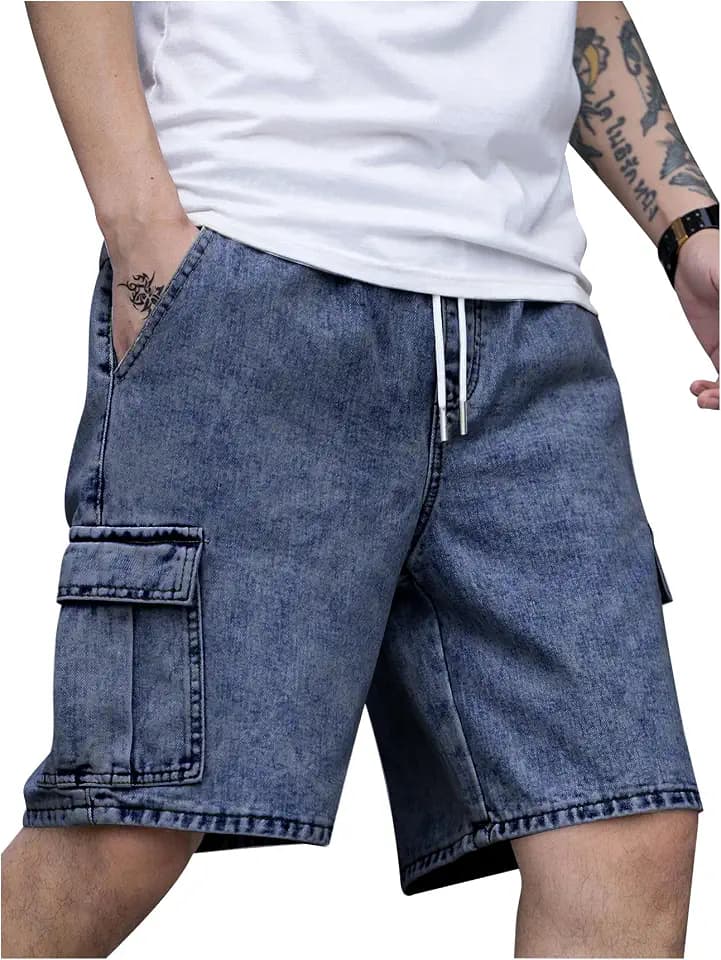 OYOANGLE Men's Drawstring Waist Cargo Jean Denim Shorts with Flap Pockets