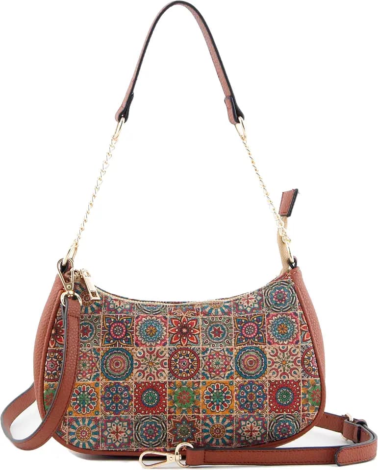Natural Cork Zipper Saddle Bag for Women Vegetarian Shoulder Bags Vintage Crescent Purse Crossbody Hobo Handbag