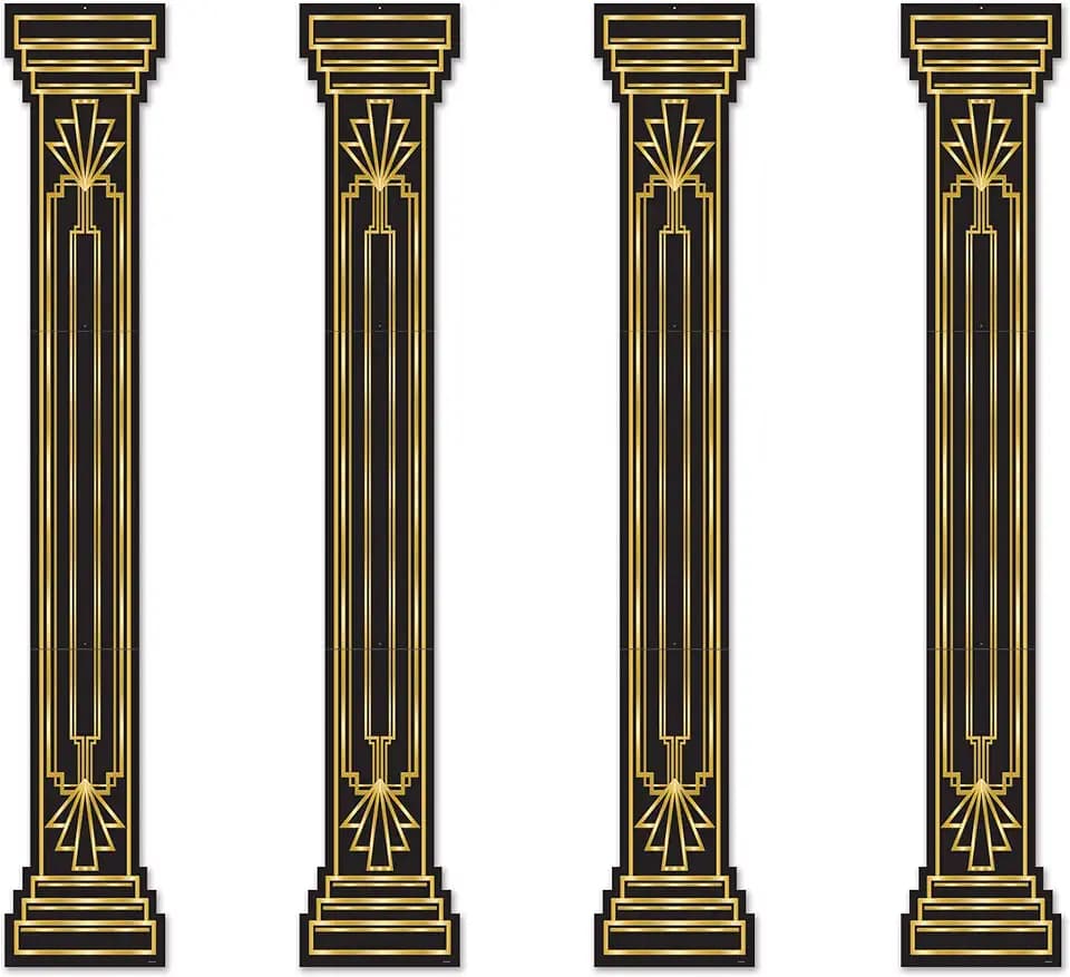 Beistle 4 Piece Roaring 20's Column Pull Down Cut Outs 1920's Theme Awards Night Party Decorations, Black/Gold