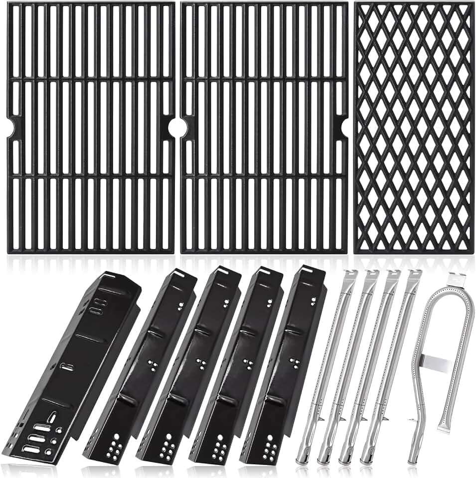 Grill Replacement Parts for Dyna Glo DGH474CRP, DGH483CRP, DGH474CRN-D, DGH474CRN, Cast Iron Grill Grates, Porcelain Heat Plates Shields Tents and Burners for Dyna-Glo Grill Replacement Parts.