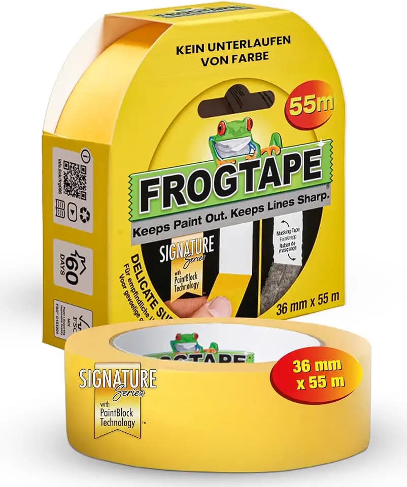 FROGTAPE Delicate Ruban de Masquage Washi avec Technologie PaintBlock 36mm x 55m, Adhésif Peintre Jaune pour Surfaces Sensibles, Bords Ultra Nets, Retrait Sans Trace 60 Jours, Scotch Peinture