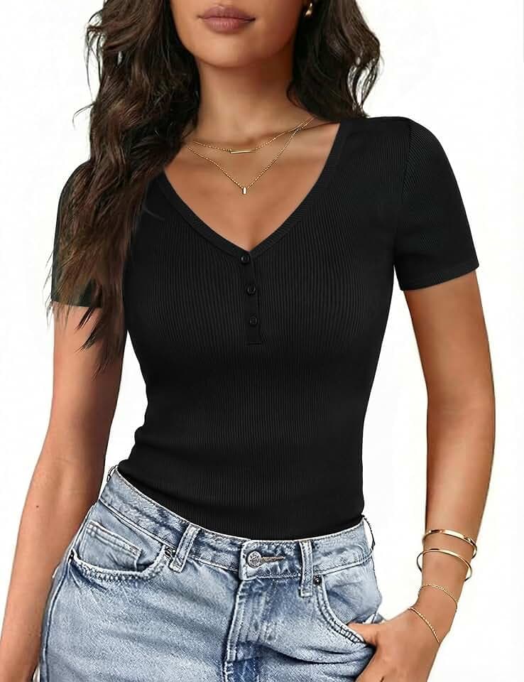 Gyabnw Damen T-Shirt mit V-Ausschnitt und Henley-Knopfleiste