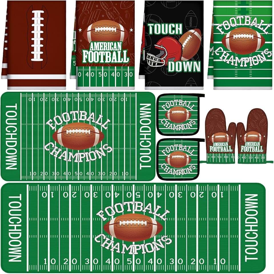 Fourluoo 10 Pcs Football Kitchen Rug Set Towels Pot Holders Oven Mitts Mat