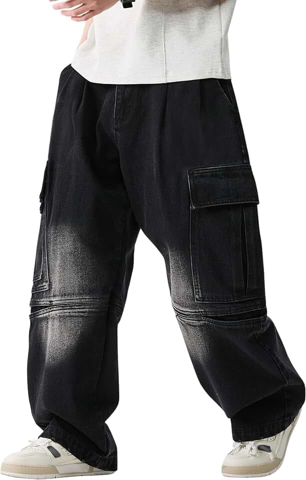 Baggy Jeans Men Loose Fit Wide Leg Denim Pants Elastic Waist Barrel Jeans