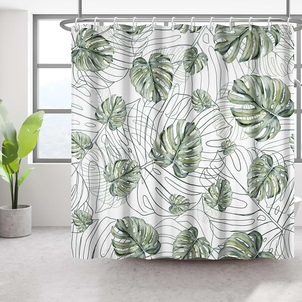 Palmenblätter Duschvorhang Grün Dschungel Tropisches Blatt Bad Vorhang mit Grauer Linie Badezimmer Vorhang für Haus Badezimmer Vorhänge Set mit 10 Haken Wasserdicht Polyester 153x183cm