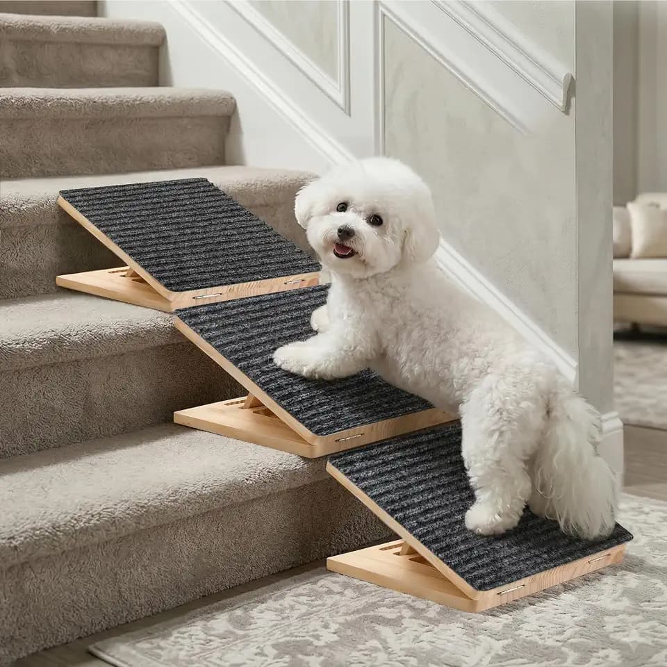 Dog Ramp for Stairs 3 Pack - Adjustable Wooden Stair Wedges for Small Dogs, Foldable Indoor Dog Stair Ramp with Triangular Support and Non-Slip Pads for Senior and Short-Legged Pets