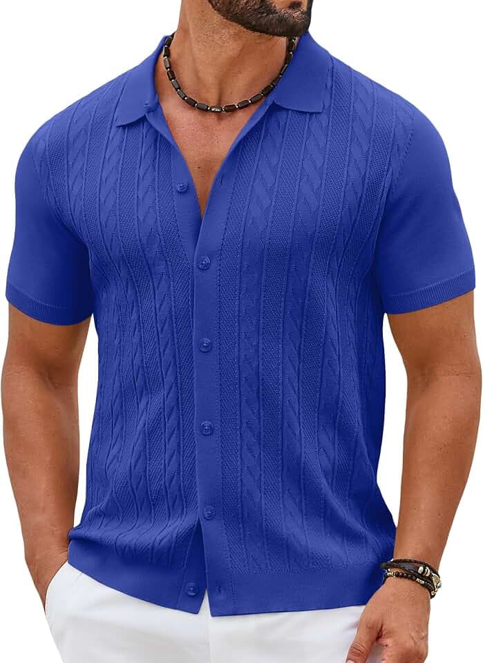 COOFANDY Mens Knit Button Down Shirts Short Sleeve Polo Shirt Casual Vintage Summer Beach Shirts