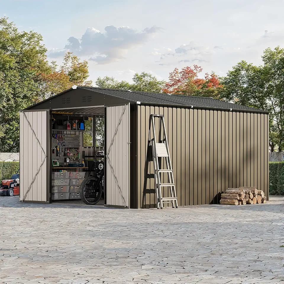 Garvee 10x12FT Metal Shed: Lockable, Windowed Steel Yard Storage, Brown.