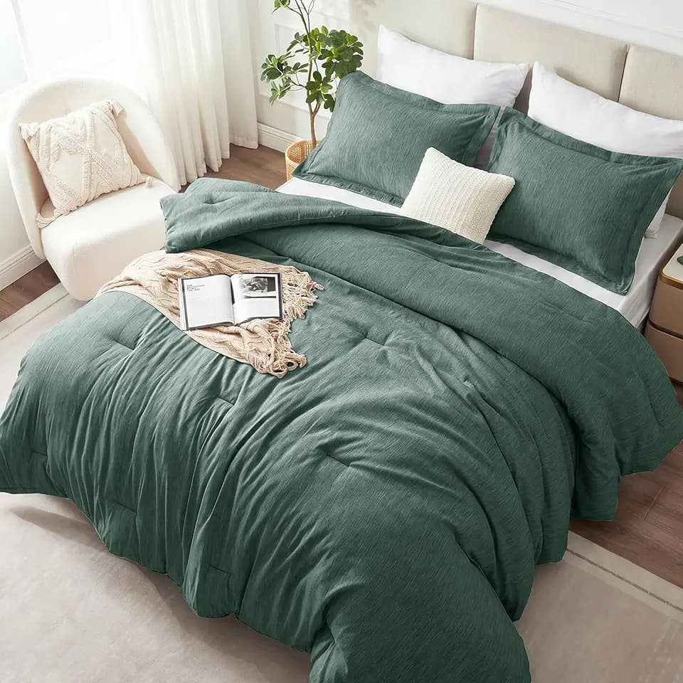 CozyLux King Size Comforter Set, Heathered Dark Green 3 Pieces Bedding Sets