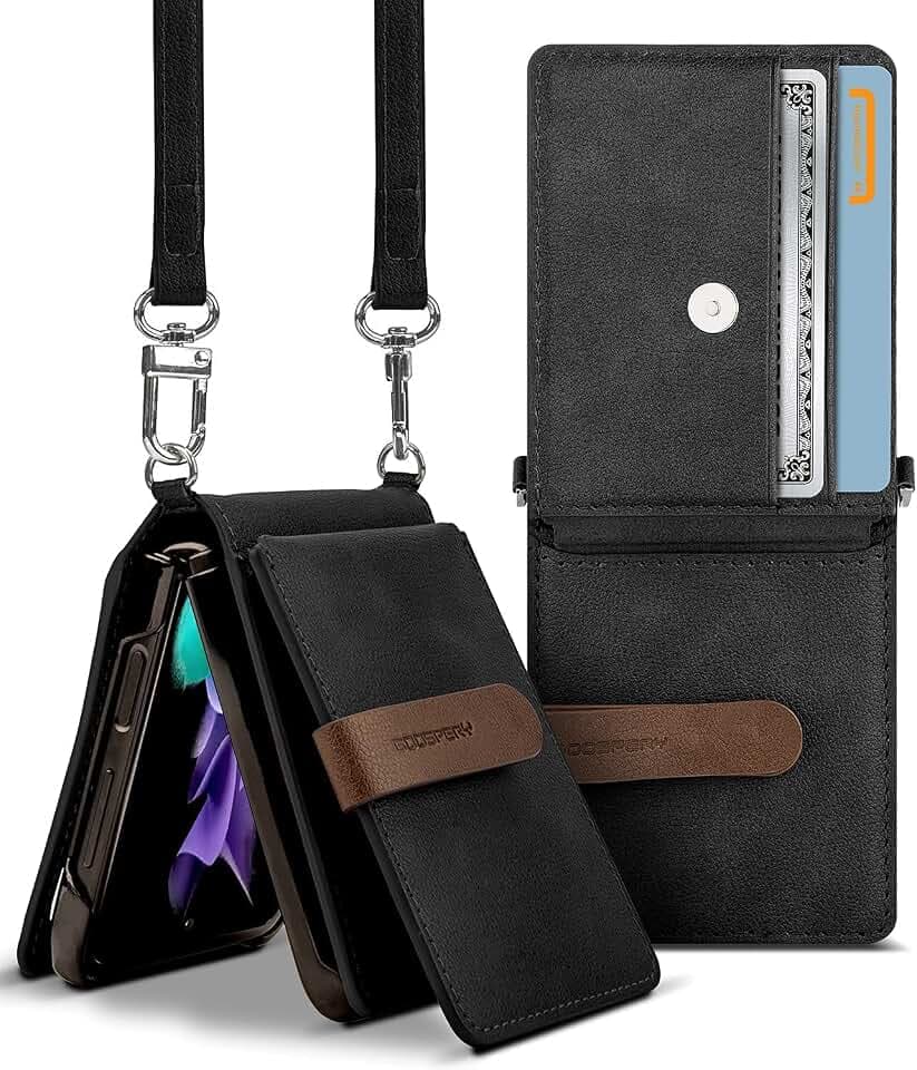 GOOSPERY Wallet Case Kompatibel mit Galaxy Z Flip 3, Abnehmbarer Kartenhalter 2 Kartenfächer Aufbewahrung Premium-PU-Leder Verstellbarer Umhängeriemen Angebrachter Kopfhörer-Kabel-Organizer (Schwarz)