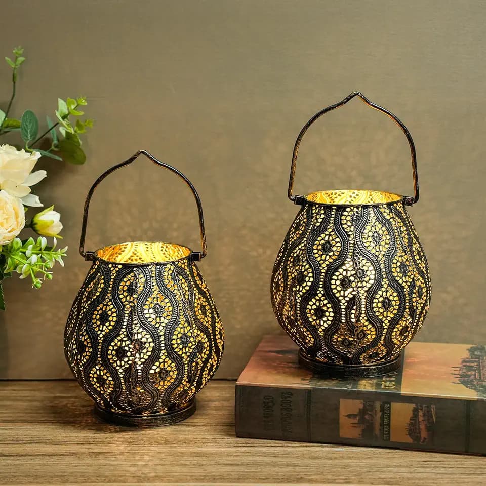 TRIROCKS Set of 2 Moroccan Decorative Lamps 8'' High Cordless Lamp Metal Table Lamps with Fairy Lights Bulb for Home Living Room Garden Yard Party Events Tabletop Indoor Outdoor(Black)