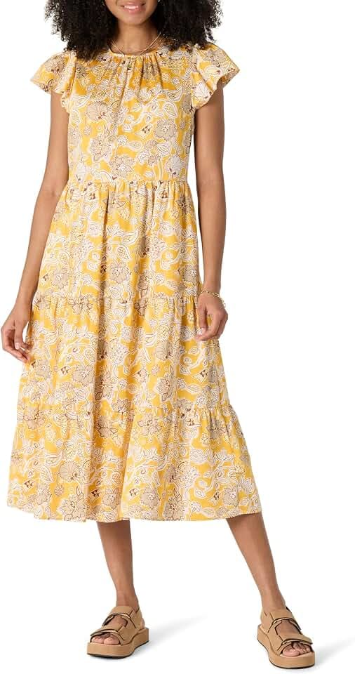 Amazon Essentials Damen Kleid aus 100% Baumwolle, Gestuftes Relaxed-Fit-Midikleid mit Rundhalsausschnitt