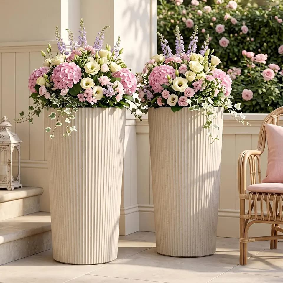 24" Tall Planters for Outdoor Plants with Insert, Set of 2 Cream