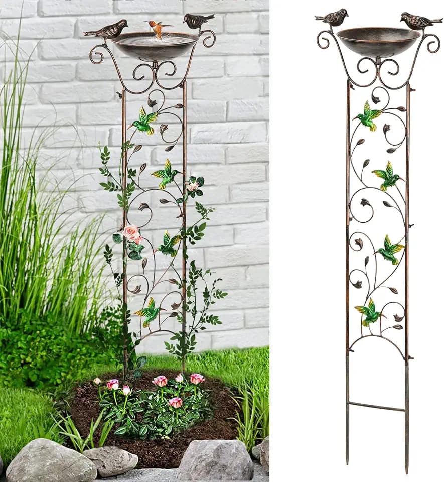 Bird Bath for Outside, Freestanding Birdbath and Trellis 2 in 1