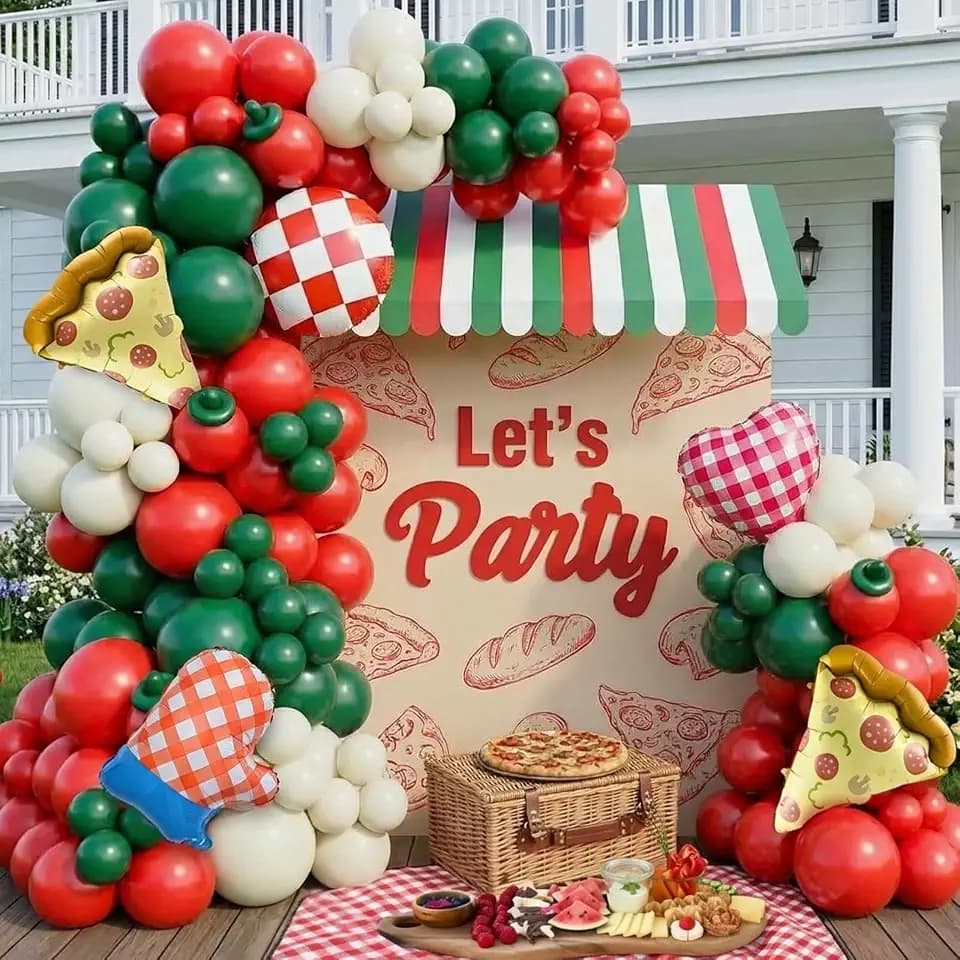 Pizza Party Decorations Kit with Red Dark Green White Latex Balloon arch Pizza Checkered Balloons for Party Favors BBQ Picnic Birthday Party Decorations Slice Slice Baby Shower Home Decor